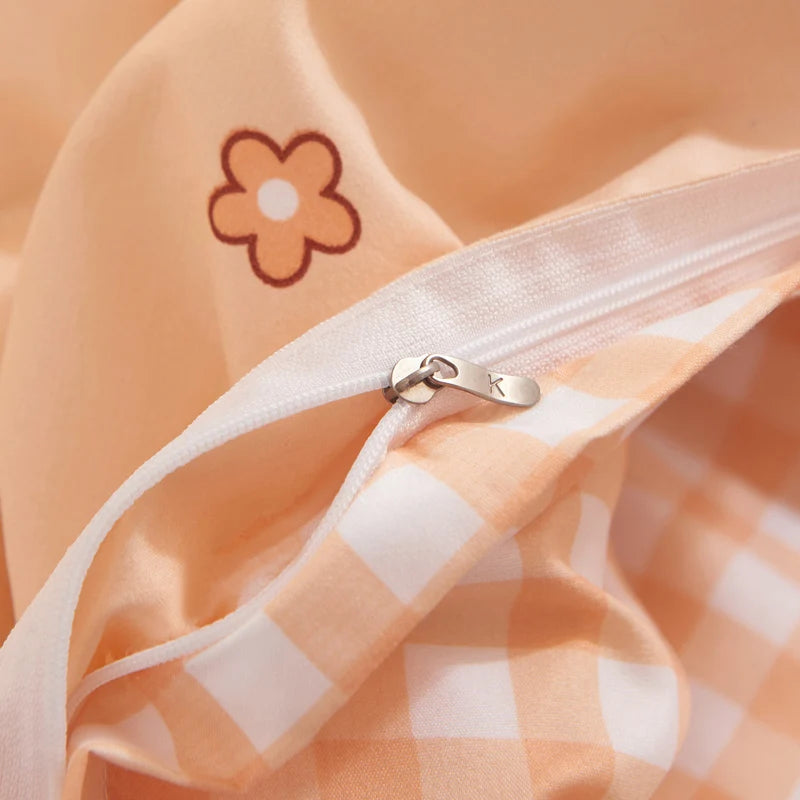 Peach Checkered Duvet Bedding Set