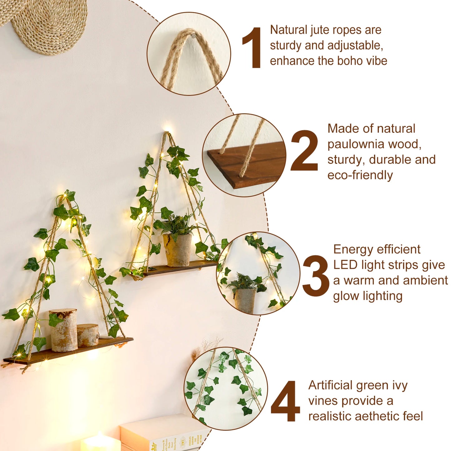 Artificial Ivy Led-Strip Floating Wall Shelf