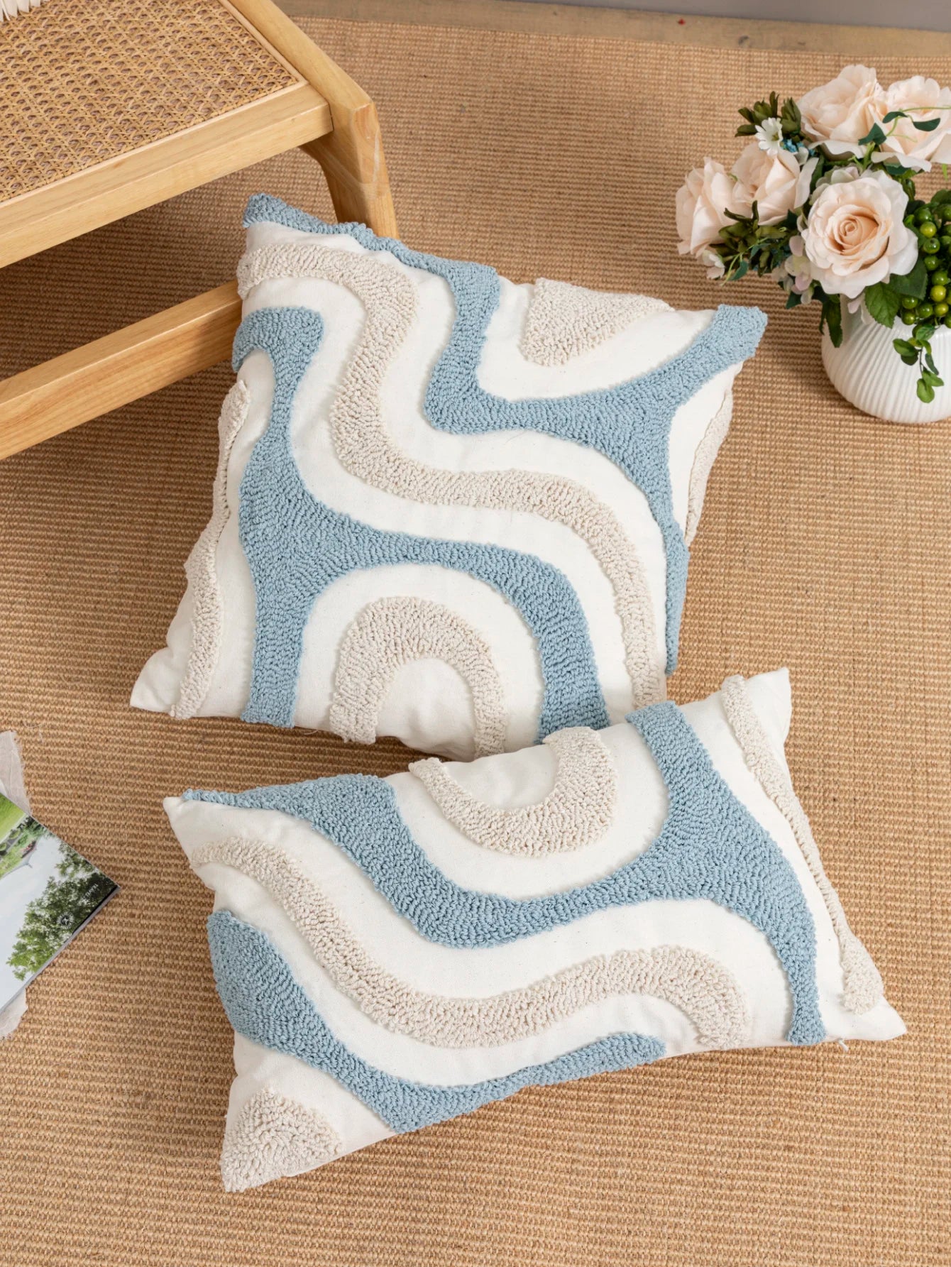 Blue and White Tufted Pillow Cover