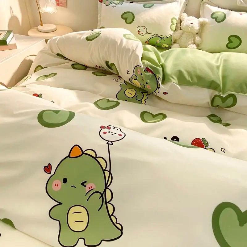 Kawaii Green Dinosaur Bedding Set
