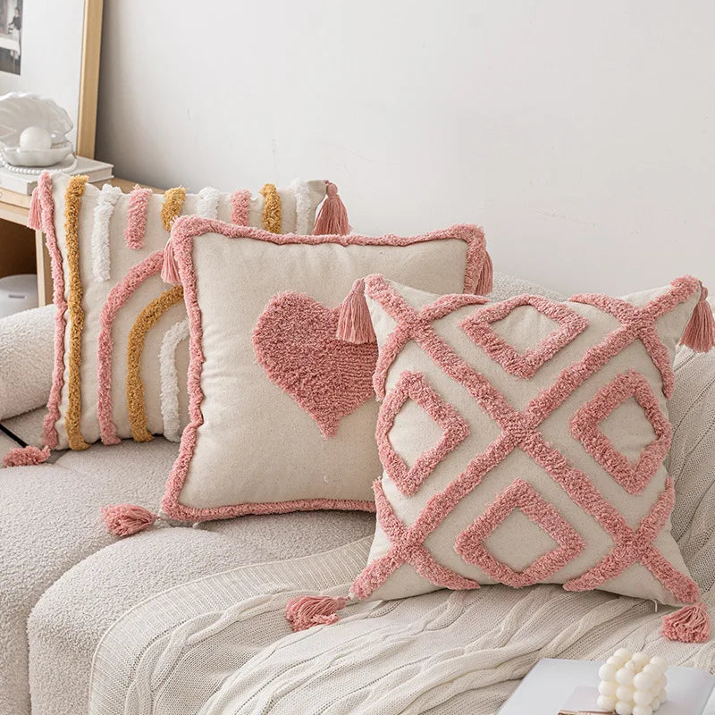Pink Cotton Tufted Pillow Cover