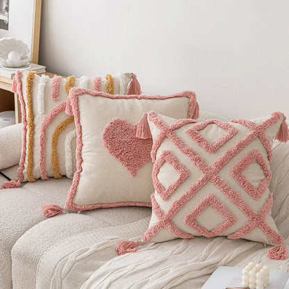 Pink Cotton Tufted Pillow Cover