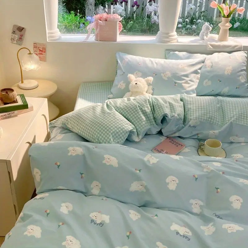 Blue Floral Cartoon Bedding Set