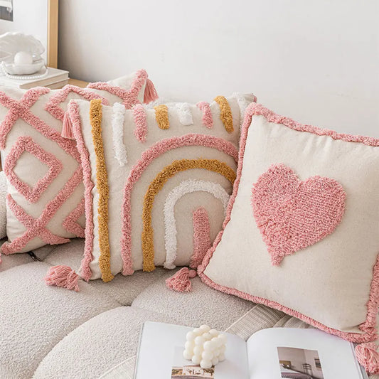 Pink Cotton Tufted Pillow Cover
