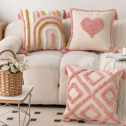 Pink Cotton Tufted Pillow Cover