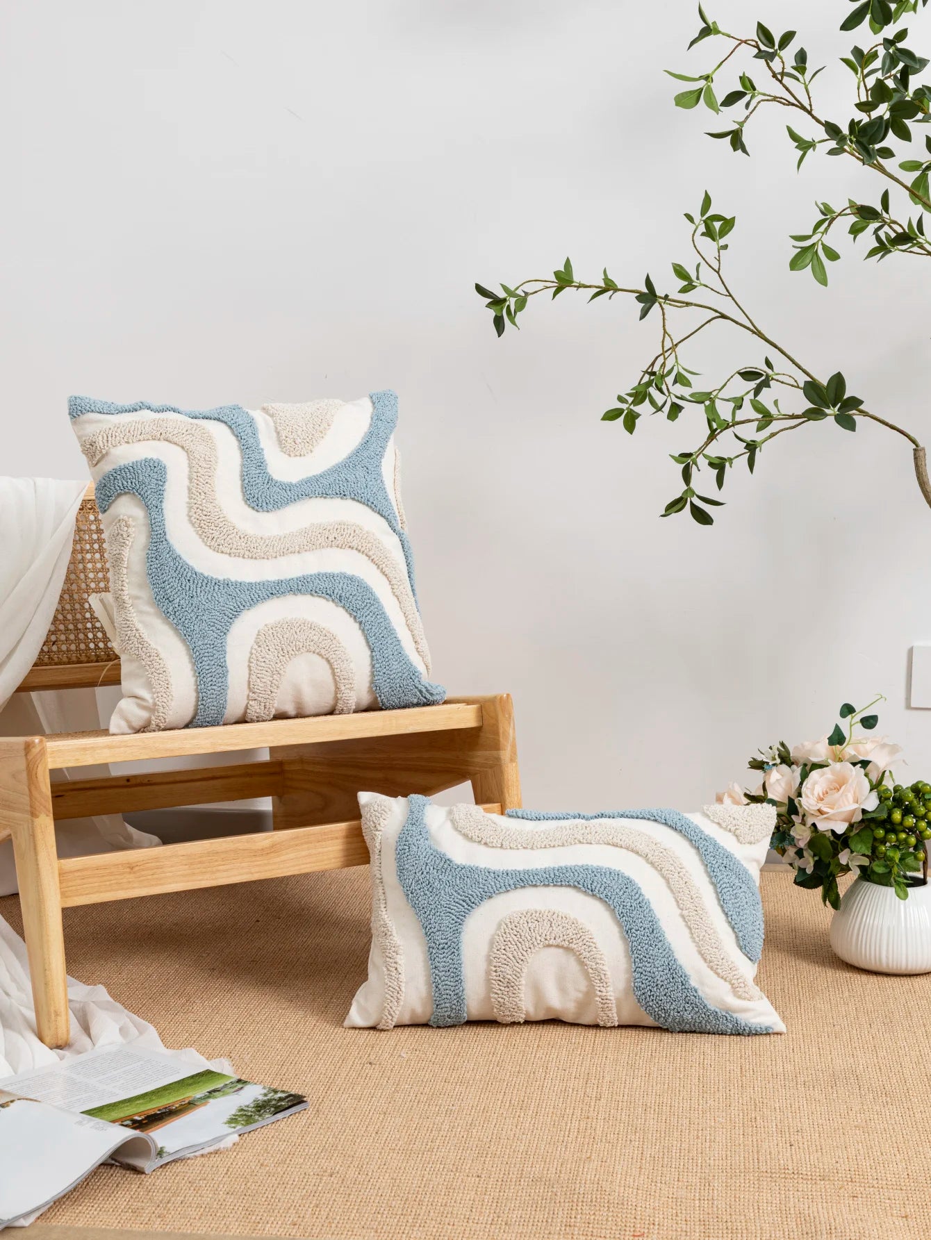 Blue and White Tufted Pillow Cover