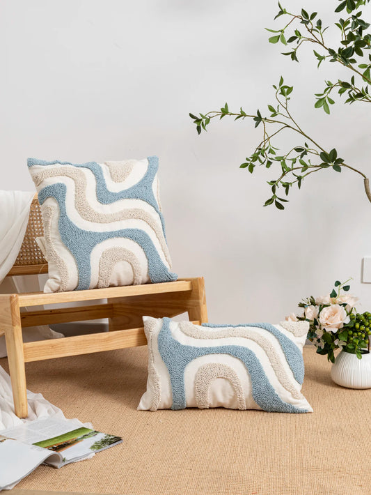 Blue and White Tufted Pillow Cover